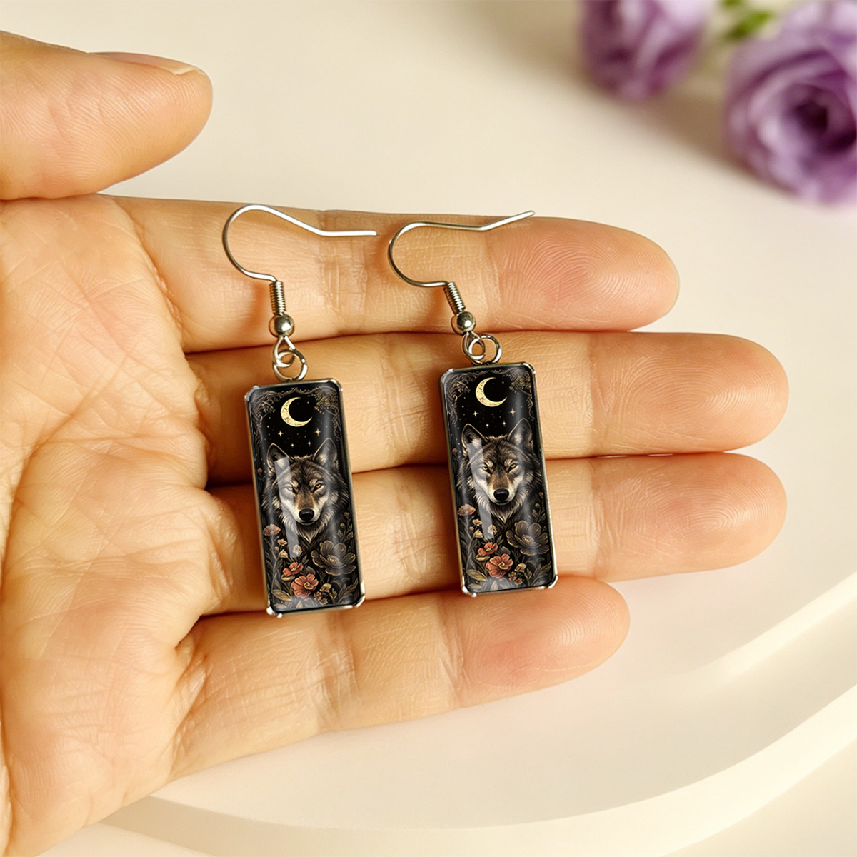 Crescent Moon & Wolf Vintage Flowers Earrings, Mystical Design